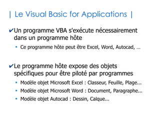 6
| Relation entre VB et VBA |
Visual Basic
for Applications (VBA)
Visual Basic
for Applications (VBA)
Visual Basic (VB)Visual Basic (VB)
Langage de
programmation
orienté objet
VB couplé au modèle
objet des
applications
Domaine Bureautique
Domaine CAO
Domaine Statistique
 