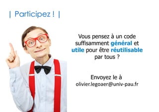 64
| Evènements |
✔Il existe en réalité une troisième catégorie de
membres de classes : les évènements
●
Ce sont des méthodes déclenchées quand quelque-
chose se produit sur l'objet de la classe
✔Exemples d'évènement VBA Excel
●
Liés au tableur Excel
– Un classeur vient d'être ouvert ou bien fermé, une feuille
vient d'être activée, une plage est sélectionnée...
●
Liés aux contrôles de formulaire (Cf. User Form)
– Un bouton vient d'être pressé, une case vient d'être
cochée, un champs est en cours de saisie...
 