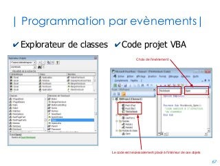 67
| Outils de débogage |
✔Fenêtre Exécution
●
Affiche n'importe quelle valeur primitive à l'aide de
Debug.print
●
Remplace avantageusement les MsgBox
✔Fenêtre Variables Locales
●
Recense le contenu des variables locales implicites et
explicites (Dim) de votre sous-programme
✔Fenêtre Espions
●
Plus puissant que la fenêtre variables locales. Capable
d'afficher le contenu d'expressions complexes
 