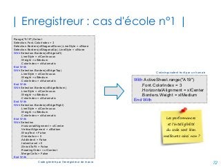 72
| Interface graphique utilisateur |
✔Formulaires utilisateur (« User Form »)
●
Sert à constuire des interfaces graphique par dessus le
tableur, mais en complément de ce dernier
✔Introduit un modèle objet additionnel
●
Classes d'objets (propriétés, méthodes, évènements)
spécifiques aux aspects graphiques des interfaces
✔Approche WYSIWYG
●
"What You See Is What You Get" : créez votre interface
sans écrire une seule ligne de code VB
●
Ecrivez uniquement le code associé aux évènements
 