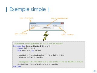 76
| Entrées/sorties standards |
Dim annee as Integer
Dim info as String
Dim choix as Byte
'Méthode de saisie basique (crashe si valeur de type incorrect !)
annee = Interaction.inputBox(prompt:="Marignan ?", title:="Quizz")
'Méthode de saisie avec contrôle du type (exemple: 1 -> nombre)
annee = Application.inputBox(prompt:="Marignan ?", title:="Quizz", type:=1)
info = "Marignan " & annee & "!"
'Méthode d'affichage utilisée en tant que procédure
Interaction.msgBox prompt:=info, buttons:=vbInformation
'Méthode d'affichage utilisée en tant que fonction
choix = Interaction.msgBox(prompt:=info, buttons:=vbYesNo)
'Méthode d'affichage du débogueur (apparaîtra dans la fenêtre d'exécution)
Debug.Print "L'utilisateur a entré " & info
 