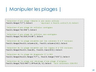80
| Compter les lignes utilisées|
Dim CombienDeLignes as Integer
'usedRange est une plage automatiquement déterminée par le tableur
CombienDeLignes = Feuil1.usedRange.rows.count
'Rechercher « à taton » la dernière cellule vide d'une colonne donnée
Dim iLigne as Integer
iLigne = 1
While not IsEmpty(Feuil1.Cells(iLigne, 1).value)
iLigne = iLigne + 1
Wend
CombienDeLignes = iLigne - 1
'Récupérer le n° de la dernière ligne d'une colonne donnée
CombienDeLignes = Feuil1.columns.item(2).end(xlDown).row
'Réutiliser la fonction tableur NBVAL() sur une colonne donnée
CombienDeLignes = WorksheetFunction.CountA(Feuil1.columns.item("A"))
'Passer par la fonction SpecialCells de la classe Range
CombienDeLignes = Feuil1.Cells.SpecialCells(xlCellTypeLastCell).Row
 
