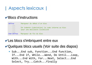 9
| Macros Excel |
✔Macro programming language
●
Langage de script VBA avec accès direct aux
fonctionnalités d'Excel (via une API)
●
Incompatible avec les scripts oBasic de Open Office
Calc qui se basent sur une API différente
✔Macro virus
●
En plus d'Excel, VBA a accès à la plupart des appels
système de Windows
●
Il est donc aisé d'écrire du code malicieux !
●
Politique sécuritaire spécifique aux fichiers .xlsm
(classeurs Excel incluant des macros)
 