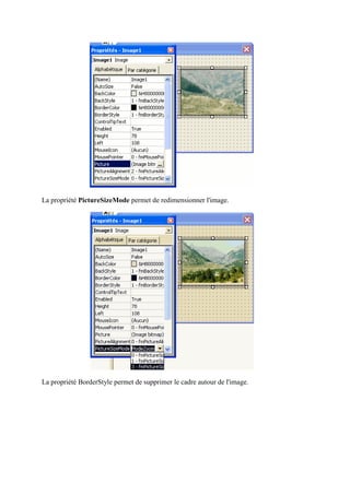 La propriété PictureSizeMode permet de redimensionner l'image.
La propriété BorderStyle permet de supprimer le cadre autour de l'image.
 
