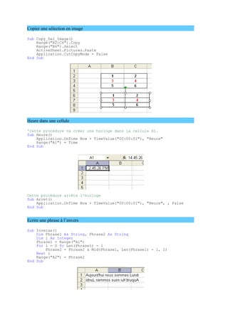 Copier une sélection en image
Sub Copy_Sel_Image()
Range("B2:C4").Copy
Range("B6").Select
ActiveSheet.Pictures.Paste
Application.CutCopyMode = False
End Sub
Heure dans une cellule
'Cette procédure va créer une horloge dans la cellule A1.
Sub Heure()
Application.OnTime Now + TimeValue("00:00:01"), "Heure"
Range("A1") = Time
End Sub
Cette procédure arrête l'horloge
Sub Arret()
Application.OnTime Now + TimeValue("00:00:01"), "Heure", , False
End Sub
Ecrire une phrase à l’envers
Sub Inverse()
Dim Phrase1 As String, Phrase2 As String
Dim i As Integer
Phrase1 = Range("A1")
For i = 0 To Len(Phrase1) - 1
Phrase2 = Phrase2 & Mid(Phrase1, Len(Phrase1) - i, 1)
Next i
Range("A2") = Phrase2
End Sub
 