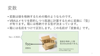 変数
• 変数は値を格納するための箱のようなものです。
• VBAはメモリを節約しつつ高速に計算するために変数に「型」
が有ります。箱には格納できる型が決まっています。
• 箱には名前をつけて区別します。この名前が「変数名」です。
https://www.bestcarton.c
om/item/0093-1.jpg
2.3533 数値を格納した箱
型はDouble型である。
foo = 2.3533
foo
変数名
2
 