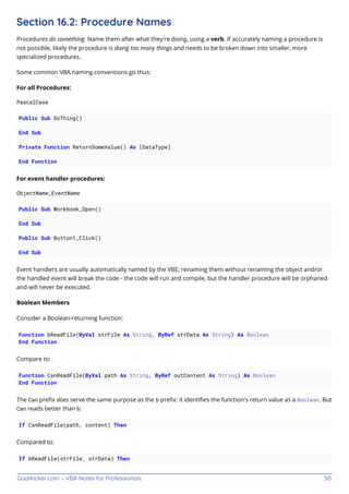 GoalKicker.com – VBA Notes for Professionals 50
Section 16.2: Procedure Names
Procedures do something. Name them after what they're doing, using a verb. If accurately naming a procedure is
not possible, likely the procedure is doing too many things and needs to be broken down into smaller, more
specialized procedures.
Some common VBA naming conventions go thus:
For all Procedures:
PascalCase
Public Sub DoThing()
End Sub
Private Function ReturnSomeValue() As [DataType]
End Function
For event handler procedures:
ObjectName_EventName
Public Sub Workbook_Open()
End Sub
Public Sub Button1_Click()
End Sub
Event handlers are usually automatically named by the VBE; renaming them without renaming the object and/or
the handled event will break the code - the code will run and compile, but the handler procedure will be orphaned
and will never be executed.
Boolean Members
Consider a Boolean-returning function:
Function bReadFile(ByVal strFile As String, ByRef strData As String) As Boolean
End Function
Compare to:
Function CanReadFile(ByVal path As String, ByRef outContent As String) As Boolean
End Function
The Can preﬁx does serve the same purpose as the b preﬁx: it identiﬁes the function's return value as a Boolean. But
Can reads better than b:
If CanReadFile(path, content) Then
Compared to:
If bReadFile(strFile, strData) Then
 
