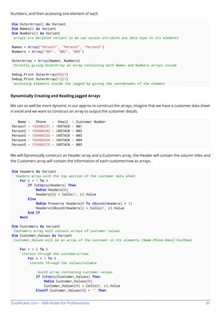 GoalKicker.com – VBA Notes for Professionals 61
Numbers, and then accessing one element of each
Dim OuterArray() As Variant
Dim Names() As Variant
Dim Numbers() As Variant
'arrays are declared variant so we can access attribute any data type to its elements
Names = Array("Person1", "Person2", "Person3")
Numbers = Array("001", "002", "003")
OuterArray = Array(Names, Numbers)
'Directly giving OuterArray an array containing both Names and Numbers arrays inside
Debug.Print OuterArray(0)(1)
Debug.Print OuterArray(1)(1)
'accessing elements inside the jagged by giving the coordenades of the element
Dynamically Creating and Reading Jagged Arrays
We can as well be more dynamic in our approx to construct the arrays, imagine that we have a customer data sheet
in excel and we want to construct an array to output the customer details.
Name - Phone - Email - Customer Number
Person1 - 153486231 - 1@STACK - 001
Person2 - 153486242 - 2@STACK - 002
Person3 - 153486253 - 3@STACK - 003
Person4 - 153486264 - 4@STACK - 004
Person5 - 153486275 - 5@STACK - 005
We will Dynamically construct an Header array and a Customers array, the Header will contain the column titles and
the Customers array will contain the information of each customer/row as arrays.
Dim Headers As Variant
' headers array with the top section of the customer data sheet
For c = 1 To 4
If IsEmpty(Headers) Then
ReDim Headers(0)
Headers(0) = Cells(1, c).Value
Else
ReDim Preserve Headers(0 To UBound(Headers) + 1)
Headers(UBound(Headers)) = Cells(1, c).Value
End If
Next
Dim Customers As Variant
'Customers array will contain arrays of customer values
Dim Customer_Values As Variant
'Customer_Values will be an array of the customer in its elements (Name-Phone-Email-CustNum)
For r = 2 To 6
'iterate through the customers/rows
For c = 1 To 4
'iterate through the values/columns
'build array containing customer values
If IsEmpty(Customer_Values) Then
ReDim Customer_Values(0)
Customer_Values(0) = Cells(r, c).Value
ElseIf Customer_Values(0) = "" Then
 