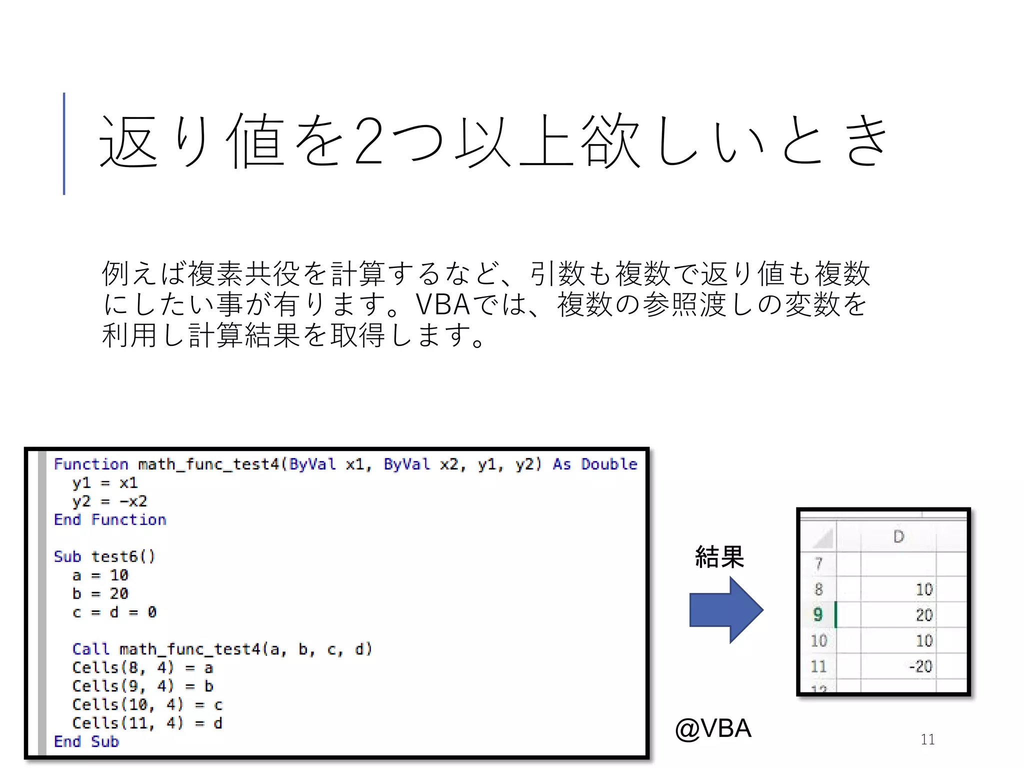 返り値を2つ以上欲しいとき
例えば複素共役を計算するなど、引数も複数で返り値も複数
にしたい事が有ります。VBAでは、複数の参照渡しの変数を
利用し計算結果を取得します。
11
結果
@VBA
 