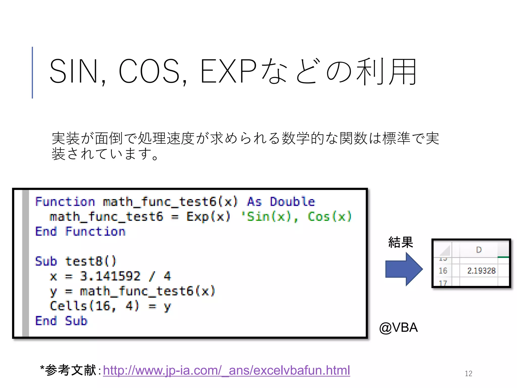 SIN, COS, EXPなどの利用
実装が面倒で処理速度が求められる数学的な関数は標準で実
装されています。
12*参考文献：http://www.jp-ia.com/_ans/excelvbafun.html
結果
@VBA
 