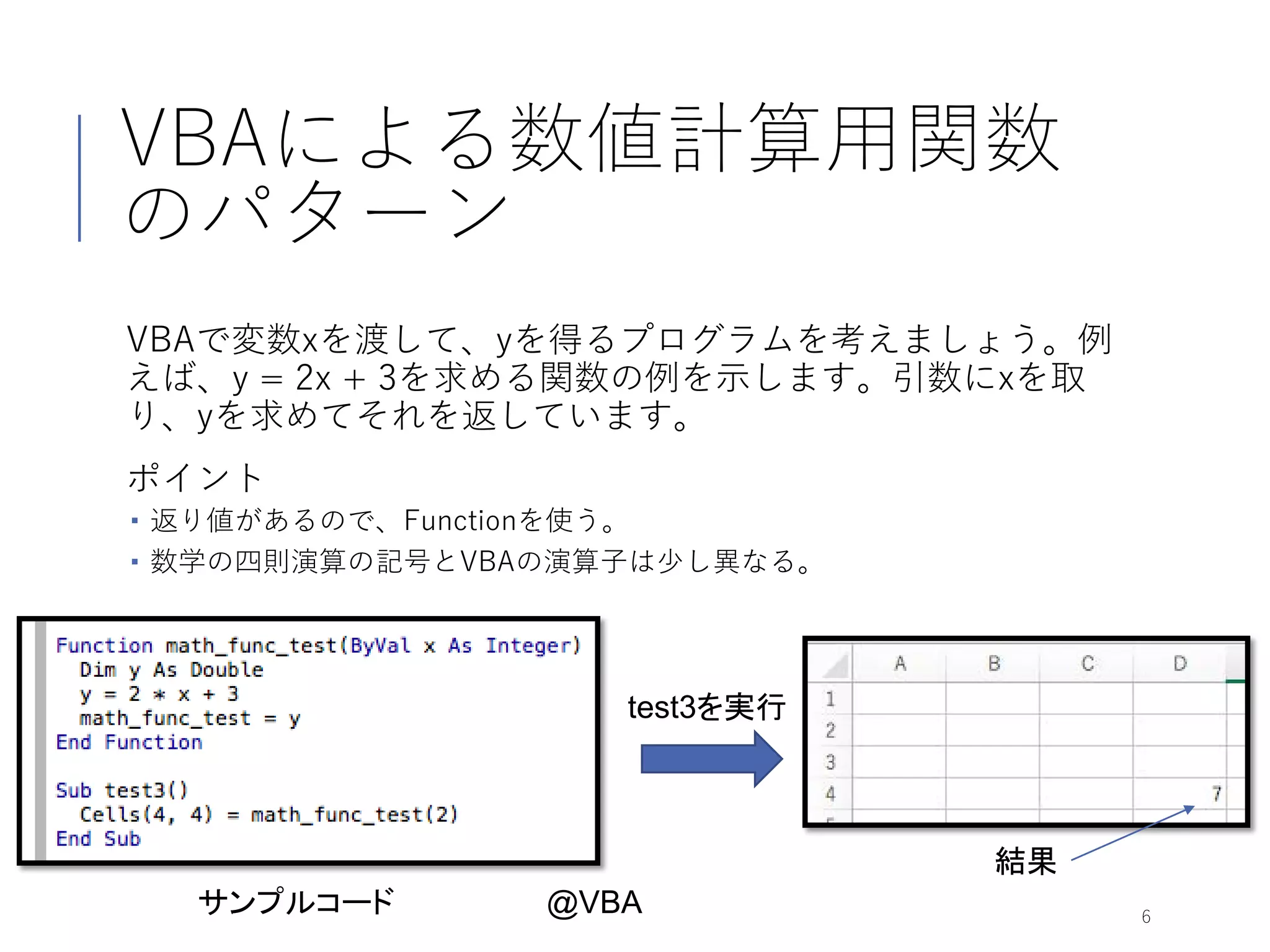 VBAによる数値計算用関数
のパターン
VBAで変数xを渡して、yを得るプログラムを考えましょう。例
えば、y = 2x + 3を求める関数の例を示します。引数にxを取
り、yを求めてそれを返しています。
ポイント
 返り値があるので、Functionを使う。
 数学の四則演算の記号とVBAの演算子は少し異なる。
6
結果
サンプルコード
test3を実行
@VBA
 