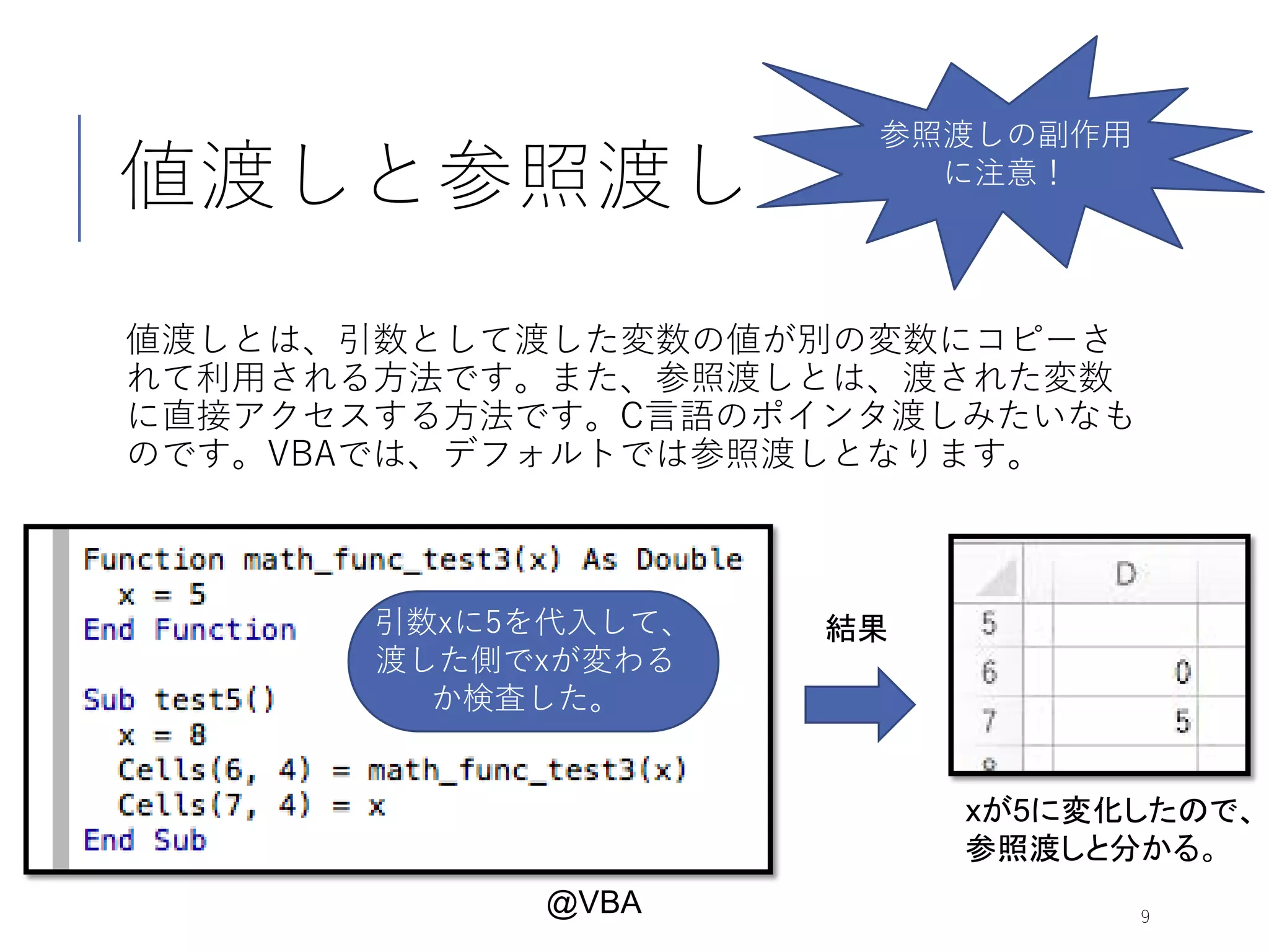 値渡しと参照渡し
値渡しとは、引数として渡した変数の値が別の変数にコピーさ
れて利用される方法です。また、参照渡しとは、渡された変数
に直接アクセスする方法です。C言語のポインタ渡しみたいなも
のです。VBAでは、デフォルトでは参照渡しとなります。
9
引数xに5を代入して、
渡した側でxが変わる
か検査した。
結果
xが5に変化したので、
参照渡しと分かる。
参照渡しの副作用
に注意！
@VBA
 
