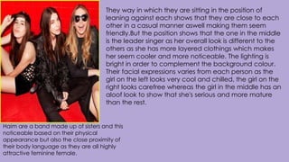 Haim are a band made up of sisters and this
noticeable based on their physical
appearance but also the close proximity of
their body language as they are all highly
attractive feminine female.
They way in which they are sitting in the position of
leaning against each shows that they are close to each
other in a casual manner aswell making them seem
friendly.But the position shows that the one in the middle
is the leader singer as her overall look is different to the
others as she has more layered clothings which makes
her seem cooler and more noticeable. The lighting is
bright in order to complement the background colour.
Their facial expressions varies from each person as the
girl on the left looks very cool and chilled, the girl on the
right looks carefree whereas the girl in the middle has an
aloof look to show that she's serious and more mature
than the rest.
 