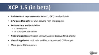 XCP 1.5 (in beta)
• Architectural Improvements: Xen 4.1, GPT, smaller Dom0
• GPU pass through: for VMs serving high end graphics
• Performance and Scalability:
   – 1 TB mem/host
   – 16 VCPUs/VM, 128 GB/VM

• Networking: Open vSwitch (default), Active-Backup NIC Bonding
• Virtual Appliance: multi-VM and boot sequenced, OVF support
• More guest OS templates
 