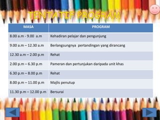 MASA PROGRAM
8.00 a.m - 9.00 a.m Kehadiran pelajar dan pengunjung
9.00 a.m – 12.30 a.m Berlangsungnya pertandingan yang dirancang
12.30 a.m – 2.00 p.m Rehat
2.00 p.m – 6.30 p.m Pameran dan pertunjukan daripada unit khas
6.30 p.m – 8.00 p.m Rehat
8.00 p.m – 11.00 p.m Majlis penutup
11.30 p.m – 12.00 p.m Bersurai
 