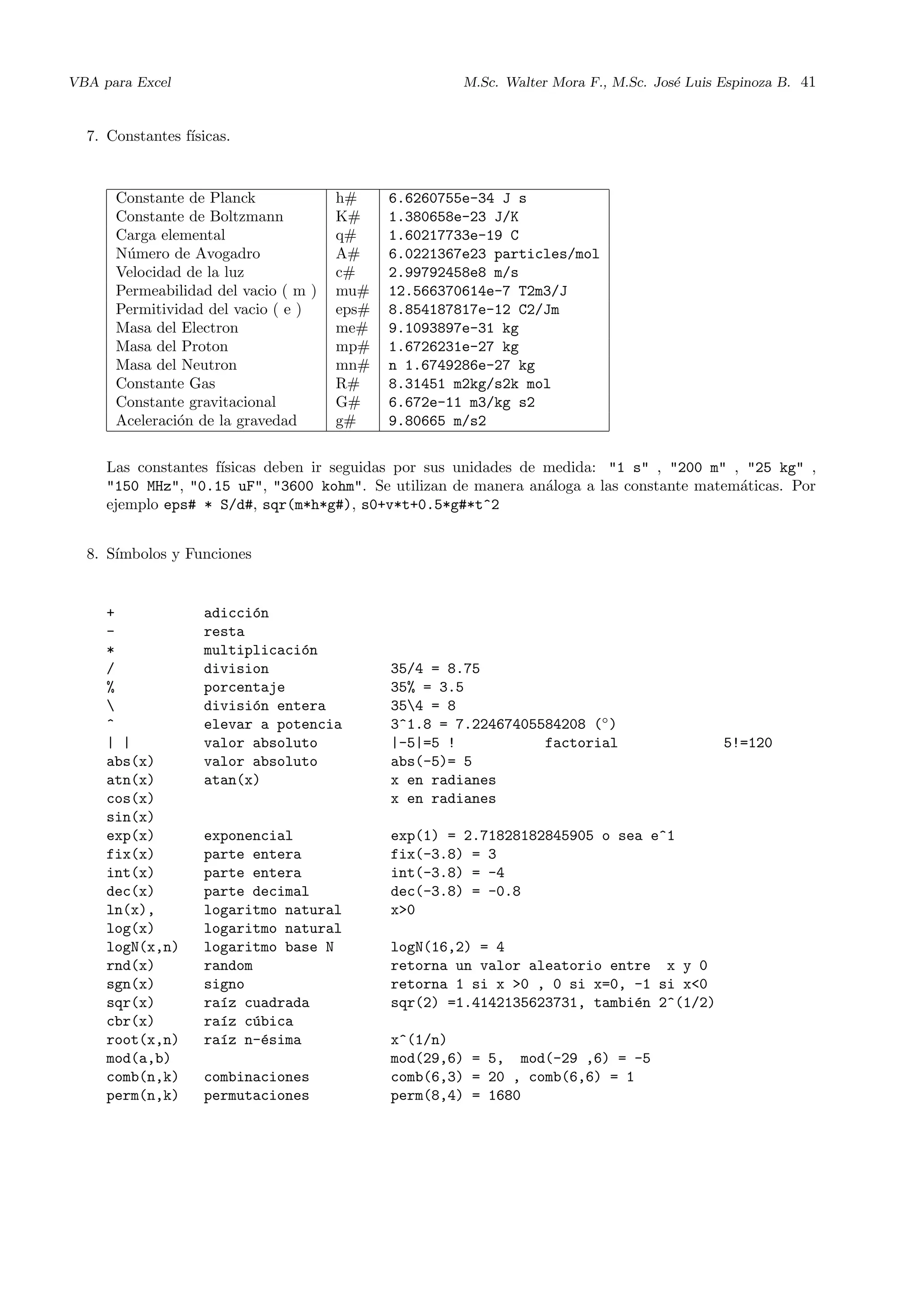 VBA para Excel M.Sc. Walter Mora F., M.Sc. Jos´e Luis Espinoza B. 41
7. Constantes f´ısicas.
Constante de Planck h# 6.6260755e-34 J s
Constante de Boltzmann K# 1.380658e-23 J/K
Carga elemental q# 1.60217733e-19 C
N´umero de Avogadro A# 6.0221367e23 particles/mol
Velocidad de la luz c# 2.99792458e8 m/s
Permeabilidad del vacio ( m ) mu# 12.566370614e-7 T2m3/J
Permitividad del vacio ( e ) eps# 8.854187817e-12 C2/Jm
Masa del Electron me# 9.1093897e-31 kg
Masa del Proton mp# 1.6726231e-27 kg
Masa del Neutron mn# n 1.6749286e-27 kg
Constante Gas R# 8.31451 m2kg/s2k mol
Constante gravitacional G# 6.672e-11 m3/kg s2
Aceleraci´on de la gravedad g# 9.80665 m/s2
Las constantes f´ısicas deben ir seguidas por sus unidades de medida: "1 s" , "200 m" , "25 kg" ,
"150 MHz", "0.15 uF", "3600 kohm". Se utilizan de manera an´aloga a las constante matem´aticas. Por
ejemplo eps# * S/d#, sqr(m*h*g#), s0+v*t+0.5*g#*t^2
8. S´ımbolos y Funciones
+ adicci´on
- resta
* multiplicaci´on
/ division 35/4 = 8.75
% porcentaje 35% = 3.5
 divisi´on entera 354 = 8
^ elevar a potencia 3^1.8 = 7.22467405584208 (◦
)
| | valor absoluto |-5|=5 ! factorial 5!=120
abs(x) valor absoluto abs(-5)= 5
atn(x) atan(x) x en radianes
cos(x) x en radianes
sin(x)
exp(x) exponencial exp(1) = 2.71828182845905 o sea e^1
fix(x) parte entera fix(-3.8) = 3
int(x) parte entera int(-3.8) = -4
dec(x) parte decimal dec(-3.8) = -0.8
ln(x), logaritmo natural x>0
log(x) logaritmo natural
logN(x,n) logaritmo base N logN(16,2) = 4
rnd(x) random retorna un valor aleatorio entre x y 0
sgn(x) signo retorna 1 si x >0 , 0 si x=0, -1 si x<0
sqr(x) ra´ız cuadrada sqr(2) =1.4142135623731, tambi´en 2^(1/2)
cbr(x) ra´ız c´ubica
root(x,n) ra´ız n-´esima x^(1/n)
mod(a,b) mod(29,6) = 5, mod(-29 ,6) = -5
comb(n,k) combinaciones comb(6,3) = 20 , comb(6,6) = 1
perm(n,k) permutaciones perm(8,4) = 1680
 