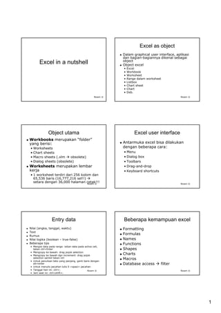 1
Nizam ©
Excel in a nutshellExcel in a nutshell
Nizam ©
Excel as objectExcel as object
DalamDalam graphical user interface,graphical user interface, aplikasiaplikasi
dandan bagianbagian--bagiannyabagiannya dikenaldikenal sebagaisebagai
objectobject
Object excelObject excel
•• ExcelExcel
•• WorkbookWorkbook
•• WorksheetWorksheet
•• RangeRange dalamdalam worksheetworksheet
•• ListboxListbox
•• Chart sheetChart sheet
•• ChartChart
•• DsbDsb..
Nizam ©
ObjectObject utamautama
WorkbooksWorkbooks merupakanmerupakan ““folderfolder””
yangyang berisiberisi::
•• WorksheetsWorksheets
•• Chart sheetsChart sheets
•• Macro sheets (.Macro sheets (.xlmxlm obsolete)obsolete)
•• Dialog sheets (obsolete)Dialog sheets (obsolete)
WorksheetsWorksheets merupakanmerupakan lembarlembar
kerjakerja
•• 1 worksheet1 worksheet terdiriterdiri daridari 256256 kolomkolom dandan
65,53665,536 barisbaris (16,777,216(16,777,216 selsel!!)!!)
setarasetara dengandengan 36,00036,000 halamanhalaman cetakcetak!!!!!! Nizam ©
Excel user interfaceExcel user interface
AntarmukaAntarmuka excelexcel bisabisa dilakukandilakukan
dengandengan beberapabeberapa caracara::
•• MenuMenu
•• Dialog boxDialog box
•• ToolbarsToolbars
•• DragDrag--andand--dropdrop
•• Keyboard shortcutsKeyboard shortcuts
Nizam ©
Entry dataEntry data
NilaiNilai ((angkaangka,, tanggaltanggal,, waktuwaktu))
TextText
RumusRumus
NilaiNilai logikalogika ((booleanboolean –– truetrue--false)false)
BeberapaBeberapa tipstips
•• MengisiMengisi datadata padapada range:range: isikanisikan datadata padapada active cell,active cell,
tekantekan ctrl+Enterctrl+Enter
•• MengcopyMengcopy keke bawahbawah: drag: drag pojokpojok selectionselection
•• MengcopyMengcopy keke bawahbawah dgndgn increment: dragincrement: drag pojokpojok
selectionselection sambilsambil tekantekan ctrlctrl
•• UntukUntuk penulisanpenulisan teksteks yangyang panjangpanjang,, gantiganti barisbaris dengandengan
alt+enteralt+enter
•• UntukUntuk menulismenulis pecahanpecahan tulistulis 0 <0 <spasispasi>> pecahanpecahan
•• TanggalTanggal harihari iniini: ctrl+;: ctrl+;
•• JamJam saatsaat iniini:: ctrl+shiftctrl+shift+;+;
Nizam ©
BeberapaBeberapa kemampuankemampuan excelexcel
FormattingFormatting
FormulasFormulas
NamesNames
FunctionsFunctions
ShapesShapes
ChartsCharts
MacrosMacros
Database accessDatabase access filterfilter
 