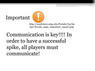 Importanthttp://academics.utep.edu/Portals/731/600px-Nuvola_apps_important_square.pngCommunication is key!!!! In order to have a successful spike, all players must communicate!