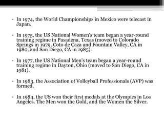 In 1974, the World Championships in Mexico were telecast in Japan.In 1975, the US National Women's team began a year-round training regime in Pasadena, Texas (moved to Colorado Springs in 1979, Coto de Caza and Fountain Valley, CA in 1980, and San Diego, CA in 1985).In 1977, the US National Men's team began a year-round training regime in Dayton, Ohio (moved to San Diego, CA in 1981).In 1983, the Association of Volleyball Professionals (AVP) was formed.In 1984, the US won their first medals at the Olympics in Los Angeles. The Men won the Gold, and the Women the Silver.
