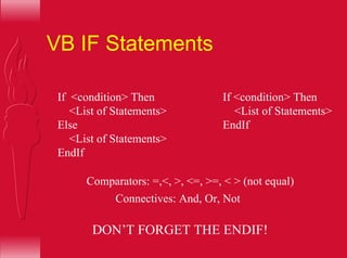 VB IF Statements
If <condition> Then
<List of Statements>
Else
<List of Statements>
EndIf
If <condition> Then
<List of Statements>
EndIf
DON’T FORGET THE ENDIF!
Comparators: =,<, >, <=, >=, < > (not equal)
Connectives: And, Or, Not
 