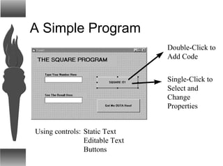 A Simple Program
Double-Click to
Add Code
Single-Click to
Select and
Change
Properties
Using controls: Static Text
Editable Text
Buttons
 
