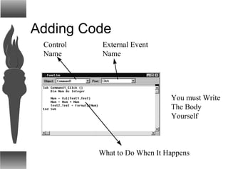 Adding Code
Control
Name
External Event
Name
What to Do When It Happens
You must Write
The Body
Yourself
 