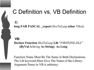 C Definition vs. VB Definition
Declare Function HexToLong Lib “FIRSTONE.DLL”
(ByVal InString As String) As Long
long FAR PASCAL _export HexToLong (char *Hex)
C:
VB:
Function Name Must Be The Same in Both Declarations.
The Lib keyword Must Give The Name of the Library.
Argument Name in VB is arbitrary.
 