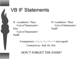 VB IF Statements
If <condition> Then
<List of Statements>
Else
<List of Statements>
EndIf
If <condition> Then
<List of Statements>
EndIf
DON’T FORGET THE ENDIF!
Comparators: =,<, >, <=, >=, < > (not equal)
Connectives: And, Or, Not
 