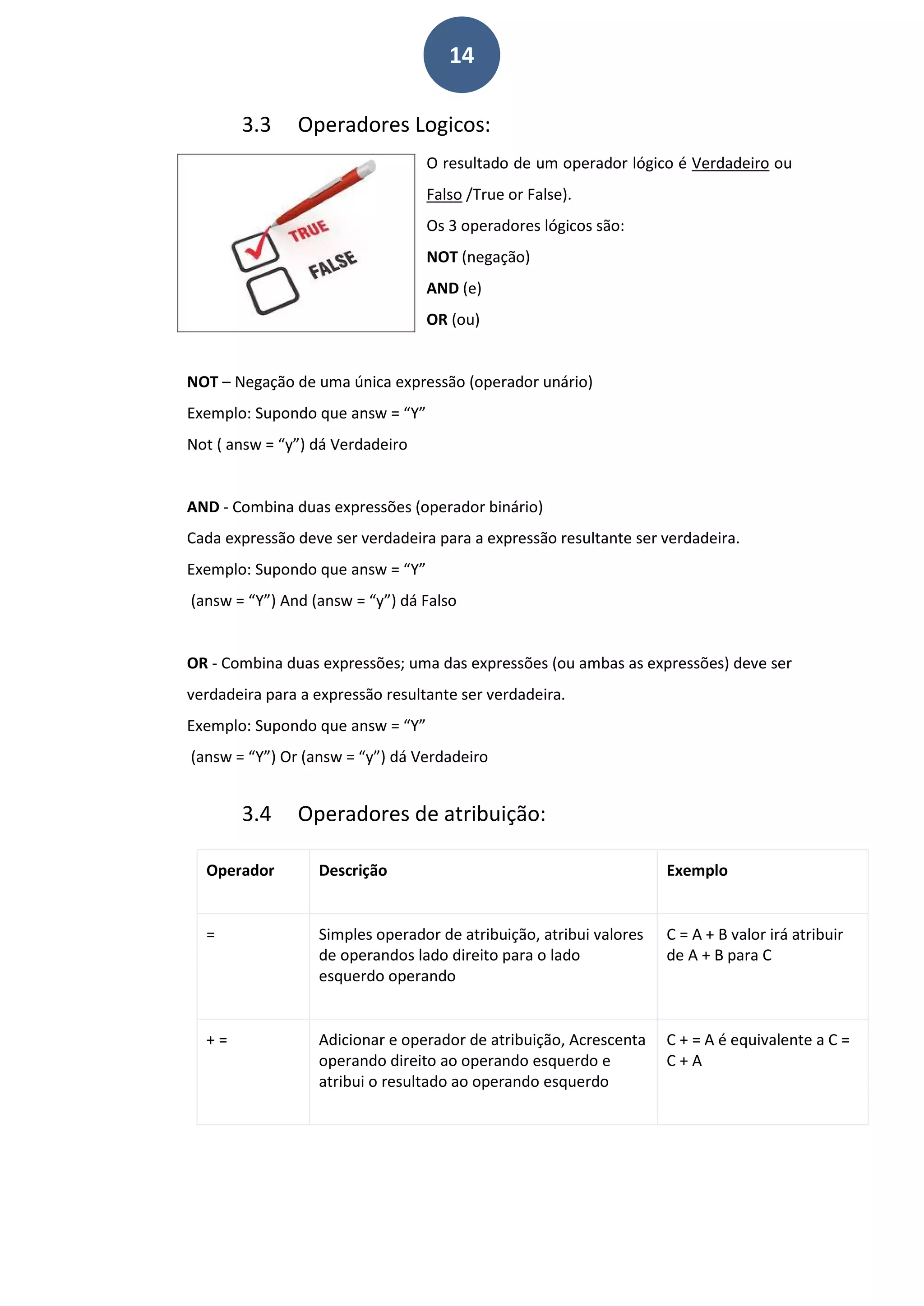 14
3.3 Operadores Logicos:
O resultado de um operador lógico é Verdadeiro ou
Falso /True or False).
Os 3 operadores lógicos são:
NOT (negação)
AND (e)
OR (ou)
NOT – Negação de uma única expressão (operador unário)
Exemplo: Supondo que answ = “Y”
Not ( answ = “y”) dá Verdadeiro
AND - Combina duas expressões (operador binário)
Cada expressão deve ser verdadeira para a expressão resultante ser verdadeira.
Exemplo: Supondo que answ = “Y”
(answ = “Y”) And (answ = “y”) dá Falso
OR - Combina duas expressões; uma das expressões (ou ambas as expressões) deve ser
verdadeira para a expressão resultante ser verdadeira.
Exemplo: Supondo que answ = “Y”
(answ = “Y”) Or (answ = “y”) dá Verdadeiro
3.4 Operadores de atribuição:
Operador Descrição Exemplo
= Simples operador de atribuição, atribui valores
de operandos lado direito para o lado
esquerdo operando
C = A + B valor irá atribuir
de A + B para C
+ = Adicionar e operador de atribuição, Acrescenta
operando direito ao operando esquerdo e
atribui o resultado ao operando esquerdo
C + = A é equivalente a C =
C + A
 
