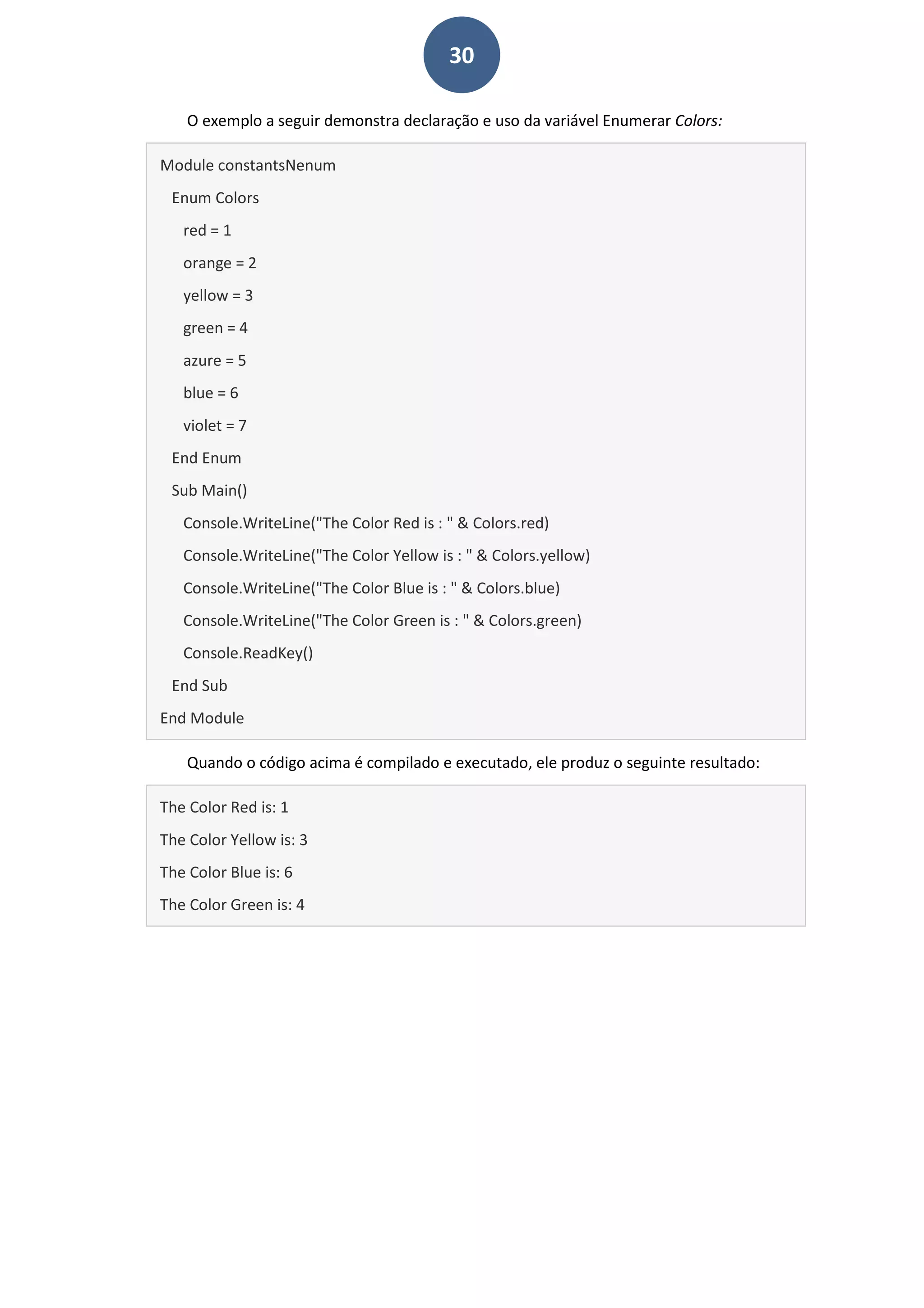 30
O exemplo a seguir demonstra declaração e uso da variável Enumerar Colors:
Module constantsNenum
Enum Colors
red = 1
orange = 2
yellow = 3
green = 4
azure = 5
blue = 6
violet = 7
End Enum
Sub Main()
Console.WriteLine("The Color Red is : " & Colors.red)
Console.WriteLine("The Color Yellow is : " & Colors.yellow)
Console.WriteLine("The Color Blue is : " & Colors.blue)
Console.WriteLine("The Color Green is : " & Colors.green)
Console.ReadKey()
End Sub
End Module
Quando o código acima é compilado e executado, ele produz o seguinte resultado:
The Color Red is: 1
The Color Yellow is: 3
The Color Blue is: 6
The Color Green is: 4
 