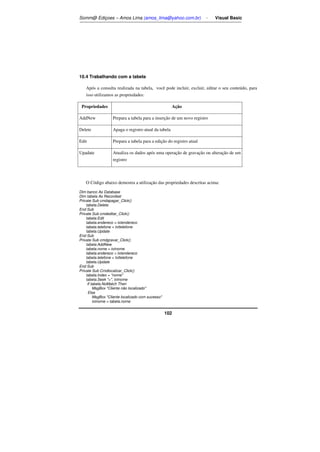 Somm@ Ediçoes – Amos Lima (amos_lima@yahoo.com.br) - Visual Basic 
102 
10.4 Trabalhando com a tabela 
Após a consulta realizada na tabela, você pode incluir, excluir, editar o seu conteúdo, para 
isso utilizamos as propriedades: 
Propriedades Ação 
AddNew Prepara a tabela para a inserção de um novo registro 
Delete Apaga o registro atual da tabela 
Edit Prepara a tabela para a edição do registro atual 
Upadate Atualiza os dados após uma operação de gravação ou alteração de um 
registro 
O Código abaixo demostra a utilização das propriedades descritas acima: 
Dim banco As Database 
Dim tabela As Recordset 
Private Sub cmdapagar_Click() 
tabela.Delete 
End Sub 
Private Sub cmdeditar_Click() 
tabela.Edit 
tabela.endereco = txtendereco 
tabela.telefone = txttelefone 
tabela.Update 
End Sub 
Private Sub cmdgravar_Click() 
tabela.AddNew 
tabela.nome = txtnome 
tabela.endereco = txtendereco 
tabela.telefone = txttelefone 
tabela.Update 
End Sub 
Private Sub Cmdlocalizar_Click() 
tabela.Index = nome 
tabela.Seek =, txtnome 
If tabela.NoMatch Then 
MsgBox Cliente não localizado 
Else 
MsgBox Cliente localizado com sucesso 
txtnome = tabela.nome 
 