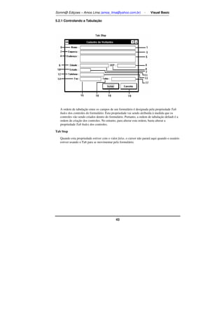 Somm@ Ediçoes – Amos Lima (amos_lima@yahoo.com.br) - Visual Basic 
43 
5.2.1 Controlando a Tabulação 
A ordem de tabulação entre os campos de um formulário é designada pela propriedade Tab 
Index dos controles do formulário. Esta propriedade vai sendo atribuída à medida que os 
controles vão sendo criados dentro do formulário. Portanto, a ordem de tabulação default é a 
ordem de criação dos controles. No entanto, para alterar esta ordem, basta alterar a 
propriedade Tab Index dos controles. 
Tab Stop 
Quando esta propriedade estiver com o valor false, o cursor não parará aqui quando o usuário 
estiver usando o Tab para se movimentar pelo formulário. 
 