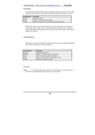 Somm@ Ediçoes – Amos Lima (amos_lima@yahoo.com.br) - Visual Basic 
50 
5.4.1 Frames 
Frames permitem agrupar, gráfica e funcionalmente, um grupo de controles. Um exemplo 
clássico do uso de Frames é o agrupamento de Option Buttons mutuamente exclusivos. 
Propriedades Descrição 
Caption O título do frame. 
Name Nome do controle usado no código. 
Visible Indica se um frame e seus controles estão visíveis ou não. 
Observação : Para colocar controles dentro de um frame, você tem que criar primeiro o 
frame; selecioná-lo e, então, criar os controles dentro dele. Ou então, caso os controles 
tenham sido criados anteriormente, deve-se recortá-los, selecionar o frame e, dentro deste, 
colá-los (Cut e Paste). 
5.4.2 Check Boxes 
Check Boxes são usados, normalmente, para permitir uma ou mais escolhas independentes, 
não exclusivas, em relação a outras já efetuadas. 
Pro priedades Descrição 
Caption Título da opção na tela. 
Enabled Habilita e desabilita o acesso do usuário. 
Name Nome do controle usado internamente. 
Value Indica se um check box está marcado ou não. 
Visible Mostra ou esconde o controle. 
EVENTOS 
Click O evento click indica que o usuário fez uma seleção. Ao ocorrer este evento , o 
Check Box é marcado/desmarcado conforme o seu valor anterior. 
 