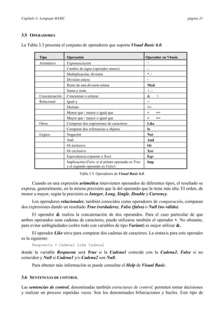 Capítulo 3: Lenguaje BASIC página 31
3.5 OPERADORES
La Tabla 3.3 presenta el conjunto de operadores que soporta Visual Basic 6.0.
Tipo Operación Operador en Vbasic
Aritmético Exponenciación ^
Cambio de signo (operador unario) -
Multiplicación, división *, /
División entera 
Resto de una división entera Mod
Suma y resta +, -
Concatenación Concatenar o enlazar & +
Relacional Igual a =
Distinto <>
Menor que / menor o igual que < <=
Mayor que / mayor o igual que > >=
Otros Comparar dos expresiones de caracteres Like
Comparar dos referencias a objetos Is
Lógico Negación Not
And And
Or inclusivo Or
Or exclusivo Xor
Equivalencia (opuesto a Xor) Eqv
Implicación (False si el primer operando es True
y el segundo operando es False)
Imp
Tabla 3.3. Operadores de Visual Basic 6.0.
Cuando en una expresión aritmética intervienen operandos de diferentes tipos, el resultado se
expresa, generalmente, en la misma precisión que la del operando que la tiene más alta. El orden, de
menor a mayor, según la precisión es Integer, Long, Single, Double y Currency.
Los operadores relacionales, también conocidos como operadores de comparación, comparan
dos expresiones dando un resultado True (verdadero), False (falso) o Null (no válido).
El operador & realiza la concatenación de dos operandos. Para el caso particular de que
ambos operandos sean cadenas de caracteres, puede utilizarse también el operador +. No obstante,
para evitar ambigüedades (sobre todo con variables de tipo Variant) es mejor utilizar &.
El operador Like sirve para comparar dos cadenas de caracteres. La sintaxis para este operador
es la siguiente:
Respuesta = Cadena1 Like Cadena2
donde la variable Respuesta será True si la Cadena1 coincide con la Cadena2, False si no
coinciden y Null si Cadena1 y/o Cadena2 son Null.
Para obtener más información se puede consultar el Help de Visual Basic.
3.6 SENTENCIAS DE CONTROL
Las sentencias de control, denominadas también estructuras de control, permiten tomar decisiones
y realizar un proceso repetidas veces. Son los denominados bifurcaciones y bucles. Este tipo de
 