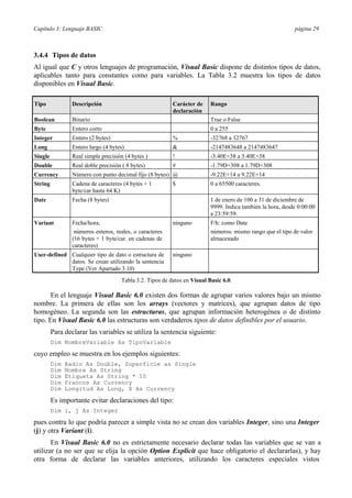 Capítulo 3: Lenguaje BASIC página 29
3.4.4 Tipos de datos
Al igual que C y otros lenguajes de programación, Visual Basic dispone de distintos tipos de datos,
aplicables tanto para constantes como para variables. La Tabla 3.2 muestra los tipos de datos
disponibles en Visual Basic.
Tipo Descripción Carácter de
declaración
Rango
Boolean Binario True o False
Byte Entero corto 0 a 255
Integer Entero (2 bytes) % -32768 a 32767
Long Entero largo (4 bytes) & -2147483648 a 2147483647
Single Real simple precisión (4 bytes ) ! -3.40E+38 a 3.40E+38
Double Real doble precisión ( 8 bytes) # -1.79D+308 a 1.79D+308
Currency Número con punto decimal fijo (8 bytes) @ -9.22E+14 a 9.22E+14
String Cadena de caracteres (4 bytes + 1
byte/car hasta 64 K)
$ 0 a 65500 caracteres.
Date Fecha (8 bytes) 1 de enero de 100 a 31 de diciembre de
9999. Indica también la hora, desde 0:00:00
a 23:59:59.
Variant Fecha/hora;
números enteros, reales, o caracteres
(16 bytes + 1 byte/car. en cadenas de
caracteres)
ninguno F/h: como Date
números: mismo rango que el tipo de valor
almacenado
User-defined Cualquier tipo de dato o estructura de
datos. Se crean utilizando la sentencia
Type (Ver Apartado 3.10)
ninguno
Tabla 3.2. Tipos de datos en Visual Basic 6.0.
En el lenguaje Visual Basic 6.0 existen dos formas de agrupar varios valores bajo un mismo
nombre. La primera de ellas son los arrays (vectores y matrices), que agrupan datos de tipo
homogéneo. La segunda son las estructuras, que agrupan información heterogénea o de distinto
tipo. En Visual Basic 6.0 las estructuras son verdaderos tipos de datos definibles por el usuario.
Para declarar las variables se utiliza la sentencia siguiente:
Dim NombreVariable As TipoVariable
cuyo empleo se muestra en los ejemplos siguientes:
Dim Radio As Double, Superficie as Single
Dim Nombre As String
Dim Etiqueta As String * 10
Dim Francos As Currency
Dim Longitud As Long, X As Currency
Es importante evitar declaraciones del tipo:
Dim i, j As Integer
pues contra lo que podría parecer a simple vista no se crean dos variables Integer, sino una Integer
(j) y otra Variant (i).
En Visual Basic 6.0 no es estrictamente necesario declarar todas las variables que se van a
utilizar (a no ser que se elija la opción Option Explicit que hace obligatorio el declararlas), y hay
otra forma de declarar las variables anteriores, utilizando los caracteres especiales vistos
 