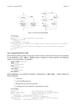 Capítulo 3: Lenguaje BASIC

página 33

condición 1

False
condición

True

False

condición 2

Bloque 1
True

True
Bloque 1 de
sentencias

Bloque 2 de
sentencias

False

Bloque 2

Bloque 3

Figura 3.2. Bifurcaciones If e If...Else.

Por ejemplo,
Numero = 53
’ Se inicializa la variable.
If Numero < 10 Then
Digitos = 1
ElseIf Numero < 100 Then
' En este caso la condición se cumple (True) luego se ejecuta lo siguiente.
Digitos = 2
Else
'En el caso en que no se cumplan los dos anteriores se asigna 3
Digitos = 3
End If

3.6.2 Sentencia SELECT CASE
Esta sentencia permite ejecutar una de entre varias acciones en función del valor de una expresión.
Es una alternativa a If ... Then ... ElseIf cuando se compara la misma expresión con diferentes
valores. Su forma general es la siguiente:
Select Case expresion
Case etiq1
[sentencias1]
Case etiq2
[sentencias2]
Case Else
sentenciasn
End Select

donde expresion es una expresión numérica o alfanumérica, y etiq1, etiq2, ... pueden adoptar las
formas siguientes:
1. expresion
2. expresion To expresion
3. Is operador-de-relación expresion
4. combinación de las anteriores separadas por comas
Por ejemplo,
Numero = 8
’ Se inicializan las variable.
Select Case Numero
’ Se va a evaluar la variable Numero.
Case 1 To 5
' Numero está entre 1 y 5.
Resultado = "Se encuentra entre 1 y 5"
' Lo siguiente se ejecuta si es True la expresión.
Case 6, 7, 8
' Numero es uno de los tres valores.
Resultado = "Se encuentra entre 6 y 8"

 