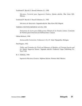 Francisco D’Amico, UNIMET Bibliografía 91
Ferdinand P. Beer & E. Russell Johnston, Jr., 1990
Mecánica Vectorial para Ingenieros Estática. Quinta edición. Mac Graw Hill.
México.
Ferdinand P. Beer & E. Russell Johnston, Jr., 1993
Mecánica de Materiales. Segunda edición. Mac Graw Hill. Bogotá.
NORMA COVENIN-MINDUR 1618-98, 1998
Estructuras de Acero para Edificaciones Método de los Estados Límites. Comisión
de Normas para Estructuras de Edificaciones. Caracas.
Odone Belluzzi, 1996
Scienza delle Costruzioni, Volúmenes I, II y IV. Aster Tipografica. Bologna.
Paul Rogers, 1952
Tables and Formulas for Fixed end Moments of Members of Constant Inertia and
for Simply Supported Beams. Segunda edición. Frederick Ungar Publishing Co.
New York.
R. C. Hibbeler, 1996
Ingeniería Mecánica Estática. Séptima edición. Prentice Hall. México.
 