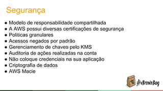 Segurança
● Modelo de responsabilidade compartilhada
● A AWS possui diversas certificações de segurança
● Politicas granulares
● Acessos negados por padrão
● Gerenciamento de chaves pelo KMS
● Auditoria de ações realizadas na conta
● Não coloque credenciais na sua aplicação
● Criptografia de dados
● AWS Macie
 