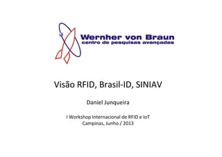Visão	
  RFID,	
  Brasil-­‐ID,	
  SINIAV	
  
	
  
Daniel	
  Junqueira	
  
	
  
I	
  Workshop	
  Internacional	
  de	
  RFID	
  e	
  IoT	
  
Campinas,	
  Junho	
  /	
  2013	
  
 