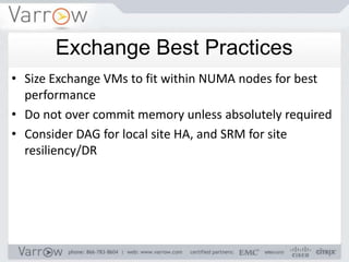 Exchange Best Practices
• Size Exchange VMs to fit within NUMA nodes for best
  performance
• Do not over commit memory unless absolutely required
• Consider DAG for local site HA, and SRM for site
  resiliency/DR
 