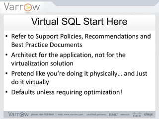 Virtual SQL Start Here
• Refer to Support Policies, Recommendations and
  Best Practice Documents
• Architect for the application, not for the
  virtualization solution
• Pretend like you’re doing it physically… and Just
  do it virtually
• Defaults unless requiring optimization!
 