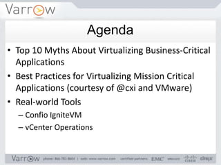 Agenda
• Top 10 Myths About Virtualizing Business-Critical
  Applications
• Best Practices for Virtualizing Mission Critical
  Applications (courtesy of @cxi and VMware)
• Real-world Tools
  – Confio IgniteVM
  – vCenter Operations

  – Note: Varrow is 1 of 10 VBCA Compentency Holders.
 