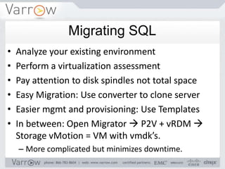 Migrating SQL
•   Analyze your existing environment
•   Perform a virtualization assessment
•   Pay attention to disk spindles not total space
•   Easy Migration: Use converter to clone server
•   Easier mgmt and provisioning: Use Templates
•   In between: Open Migrator  P2V + vRDM 
    Storage vMotion = VM with vmdk’s.
    – More complicated but minimizes downtime.
 
