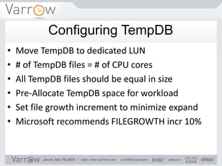 Configuring TempDB
•   Move TempDB to dedicated LUN
•   # of TempDB files = # of CPU cores
•   All TempDB files should be equal in size
•   Pre-Allocate TempDB space for workload
•   Set file growth increment to minimize expand
•   Microsoft recommends FILEGROWTH incr 10%
 
