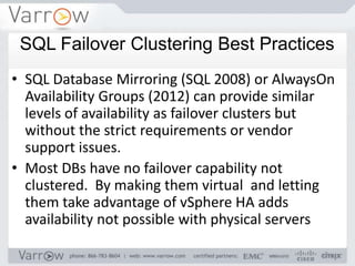 SQL Failover Clustering Best Practices
• SQL Database Mirroring (SQL 2008) or AlwaysOn
  Availability Groups (2012) can provide similar
  levels of availability as failover clusters but
  without the strict requirements or vendor
  support issues.
• Most DBs have no failover capability not
  clustered. By making them virtual and letting
  them take advantage of vSphere HA adds
  availability not possible with physical servers
 
