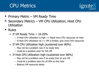 CPU Metrics

   Primary Metric – VM Ready Time
   Secondary Metrics – VM CPU Utilization, Host CPU
    Utilization
   Rules
    • If VM Ready Time > 10-20%
        – If Host CPU Utilization is high => Need more CPU resources on Host
        – If Host CPU Utilization ok => VM is limited, give more CPU resources
    • If VM CPU Utilization high (sustained over 80%)
        – May not be a problem now if no ready time
        – could be a problem soon for this VM
    • If Host CPU Utilization high (sustained over 80%)
        – May not be a problem now if no ready time on any VM
        – Could be a problem soon for all VMs on this host
        – Balance VM resources better
 