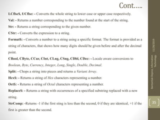 LCflse$, UCflse: - Converts the whole string to lower case or upper case respectively.
Val: - Returns a number corresponding to the number found at the start of the string.
Str: - Returns a string corresponding to the given number.
CStr: - Converts the expression to a string.
Format$: - Converts a number to a string using a specific format. The format is provided as a
string of characters, that shows how many digits should be given before and after the decimal
point.
CBool, CByte, CCur, CInt, CLng, CSng, CDbl, CDec: - Locale aware conversions to
Boolean, Byte, Currency, Integer, Long, Single, Double, Decimal.
Split: - Chops a string into pieces and returns a Variant Array.
Hex$: - Returns a string of Hex characters representing a number.
Oct$: - Returns a string of Octal characters representing a number.
Replace$: - Returns a string with occurrences of a specified substring replaced with a new
string.
StrComp: -Returns -1 if the first sting is less than the second, 0 if they are identical, +1 if the
first is greater than the second.
11/28/2019
BantamlakDejene,Information
Technology
35
Cont.….
 