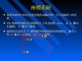 座標系統座標系統
 座標系統的目的在於標定物件或輸出物座標系統的目的在於標定物件或輸出物 (( 文字或圖形文字或圖形 )) 的位的位
置。置。
 VBVB 的座標系統是以螢幕的左上角為原點的座標系統是以螢幕的左上角為原點 (0,0)(0,0) ，而，而 XX 向值向值
右遞增，右遞增， YY 向下遞增。值向下遞增。值
 要特別注意的是要特別注意的是 YY 與數學座標系統的習慣相反，數學上值與數學座標系統的習慣相反，數學上值
的的 YY 向下是遞減，向上才是遞增。值向下是遞減，向上才是遞增。值
X 軸
Y 軸
( 0, 0)
 
