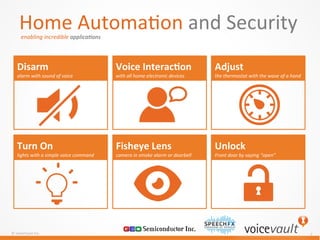 ©	
  VoiceVault	
  Inc.	
  
	
  
7	
  
Home	
  Automa7on	
  and	
  Security	
  enabling	
  incredible	
  applica@ons	
  
Disarm	
  	
  
alarm	
  with	
  sound	
  of	
  voice	
  
Voice	
  Interac(on	
  	
  
with	
  all	
  home	
  electronic	
  devices	
  
Turn	
  On	
  	
  
lights	
  with	
  a	
  simple	
  voice	
  command	
  
Fisheye	
  Lens	
  	
  
camera	
  in	
  smoke	
  alarm	
  or	
  doorbell	
  
Unlock	
  	
  
Front	
  door	
  by	
  saying	
  “open”	
  
Adjust	
  	
  
the	
  thermostat	
  with	
  the	
  wave	
  of	
  a	
  hand	
  	
  
 