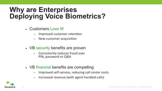 © 2002-2012 Nuance Communications, Inc. All rights reserved.18
Why are Enterprises
Deploying Voice Biometrics?
■  Customers Love It!
–  Improved	
  customer	
  reten/on	
  
–  New	
  customer	
  acquisi/on	
  
■  VB security benefits are proven
–  Consistently	
  reduces	
  fraud	
  over	
  	
  
PIN,	
  password	
  or	
  Q&A	
  
■  VB financial benefits are compelling
–  Improved	
  self-­‐service,	
  reducing	
  call	
  center	
  costs	
  
–  Increased	
  revenue	
  (with	
  agent	
  handled	
  calls)	
  
	
  
 